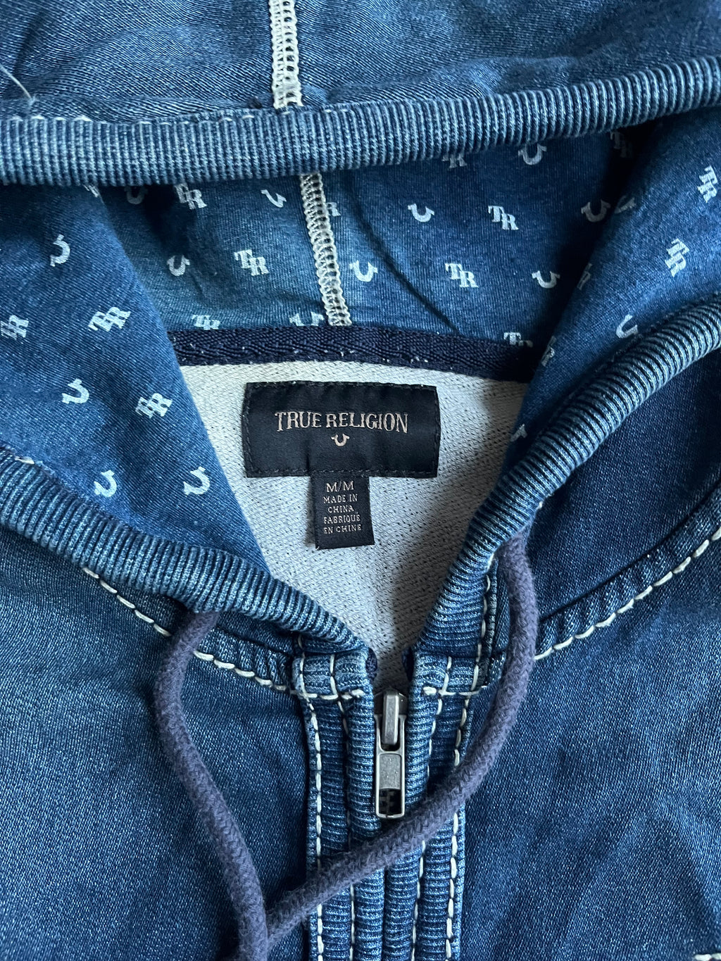 True Religion Zip Hoodie with white stiches